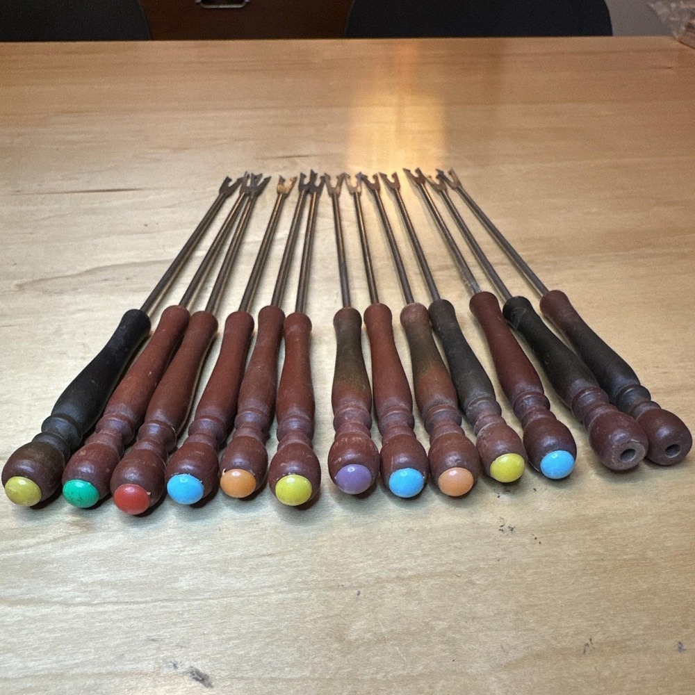 Vintage Set of 13 Stainless Steel Fondue Forks‎ Skewers Reddish Wood Base 9.5"